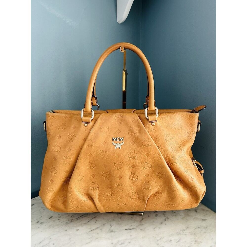 MCM Visetos Leather Cross Shoulder Bag Camel Tan Embossed Logo Purse Handbag - Picture 15 of 15